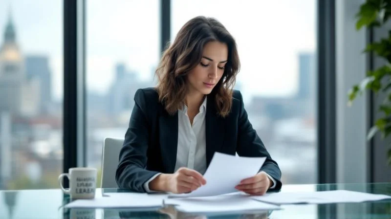Frau liest konzentriert Dokumente an einem Schreibtisch mit Hamburger Stadtblick