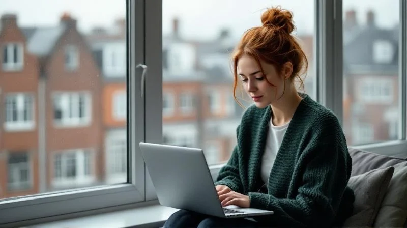 Frau sitzt mit Laptop am Fenster einer Hamburger Wohnung und recherchiert