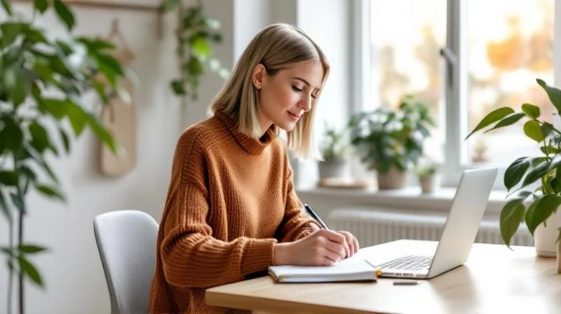 Frau nimmt an einem Online-Kurs teil und macht Notizen in einem hellen Hamburger Zimmer