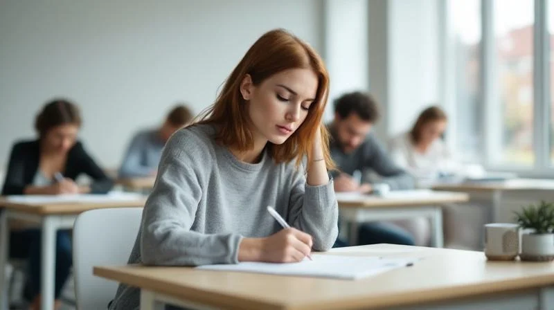 Teilnehmer schreiben eine Pruefung in einem hellen Seminarraum in Hamburg