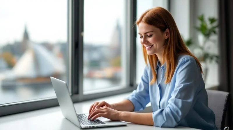 Frau arbeitet konzentriert an einem modernen Arbeitsplatz in Hamburg mit Blick auf die HafenCity