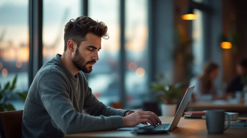 Hamburger Angestellter im Coworking-Space in Altona mit Laptop, im Hintergrund Hafenkulisse