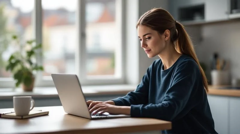 Frau lernt konzentriert an einem Laptop in einem hellen Hamburger Homeoffice