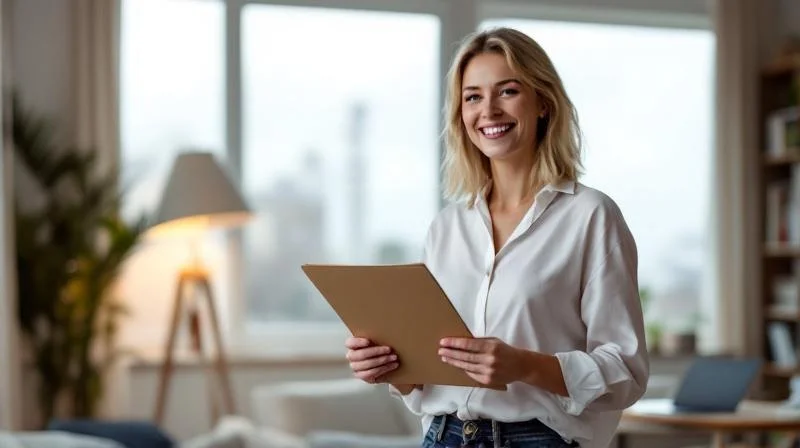 Frau feiert ihren IHK-Abschluss mit Unterlagen in der Hand in einer Hamburger Wohnung