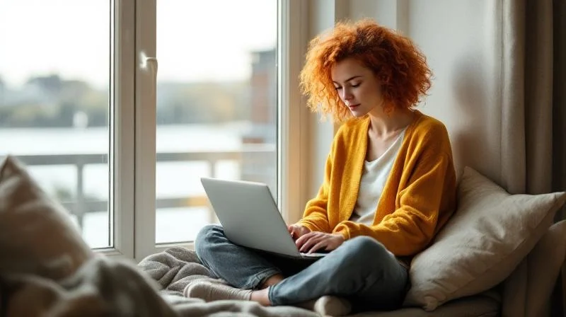 Quereinsteigerin lernt am Laptop in einer Hamburger Wohnung am Wasser