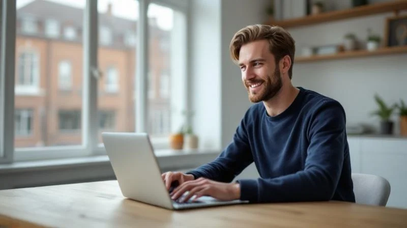Mann lernt am Laptop in einem hellen Hamburger Altbau mit Blick auf Backsteingebaeude