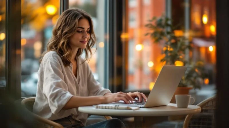 Frau mit Laptop in einem Cafe nahe der Hamburger Speicherstadt bei Abendlicht