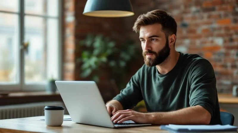 Mann arbeitet am Laptop in einem hellen Hamburger Buero mit Backstein-Elementen